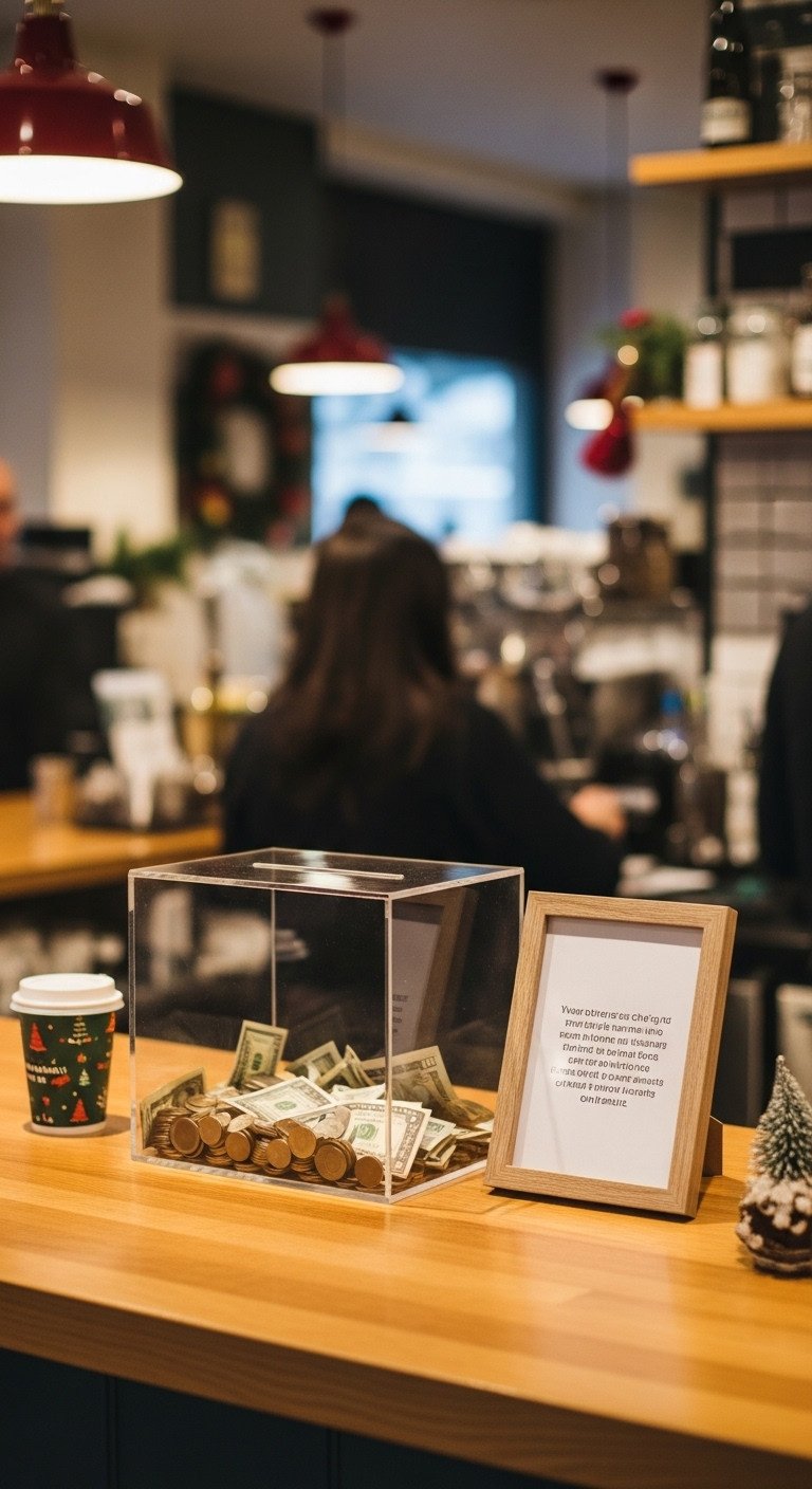 Cozy coffee shop Christmas tree bokeh holiday aesthetic Pinterest vertical photograph