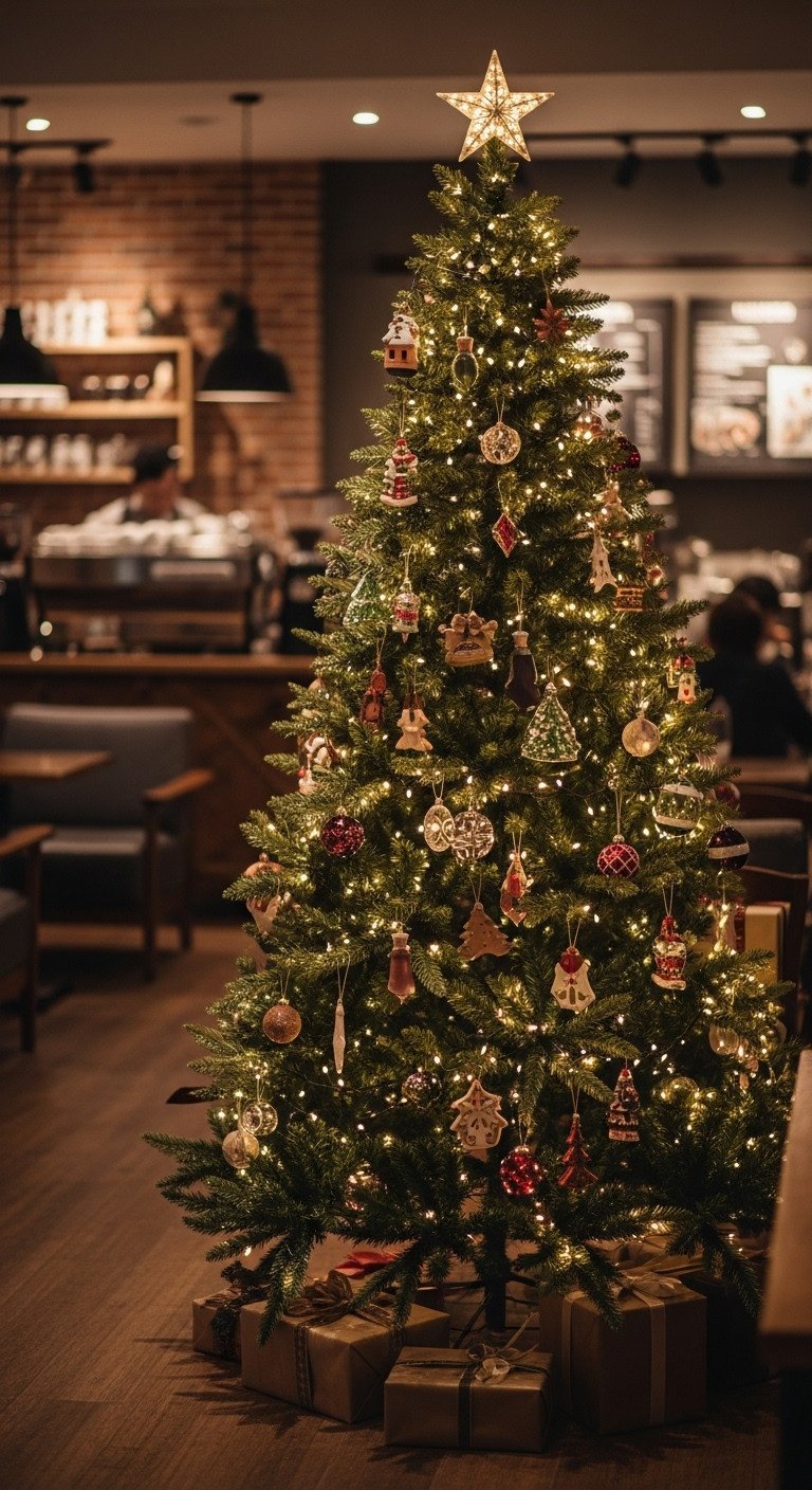 Cozy coffee shop Christmas tree bokeh holiday aesthetic Pinterest vertical photograph