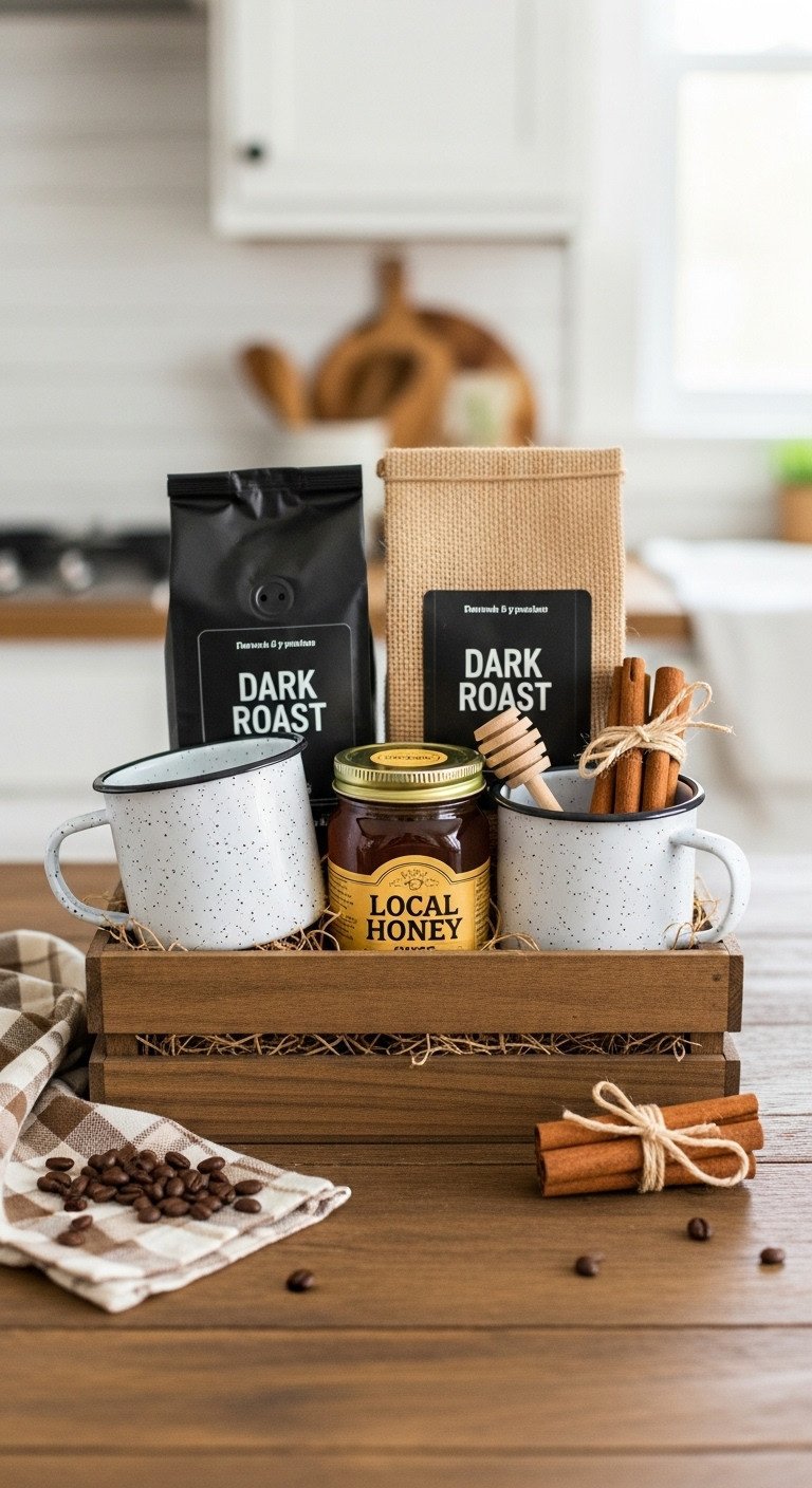 Cozy farmhouse charm coffee station gift basket with enamel mugs dark roast honey and cinnamon sticks in wooden crate