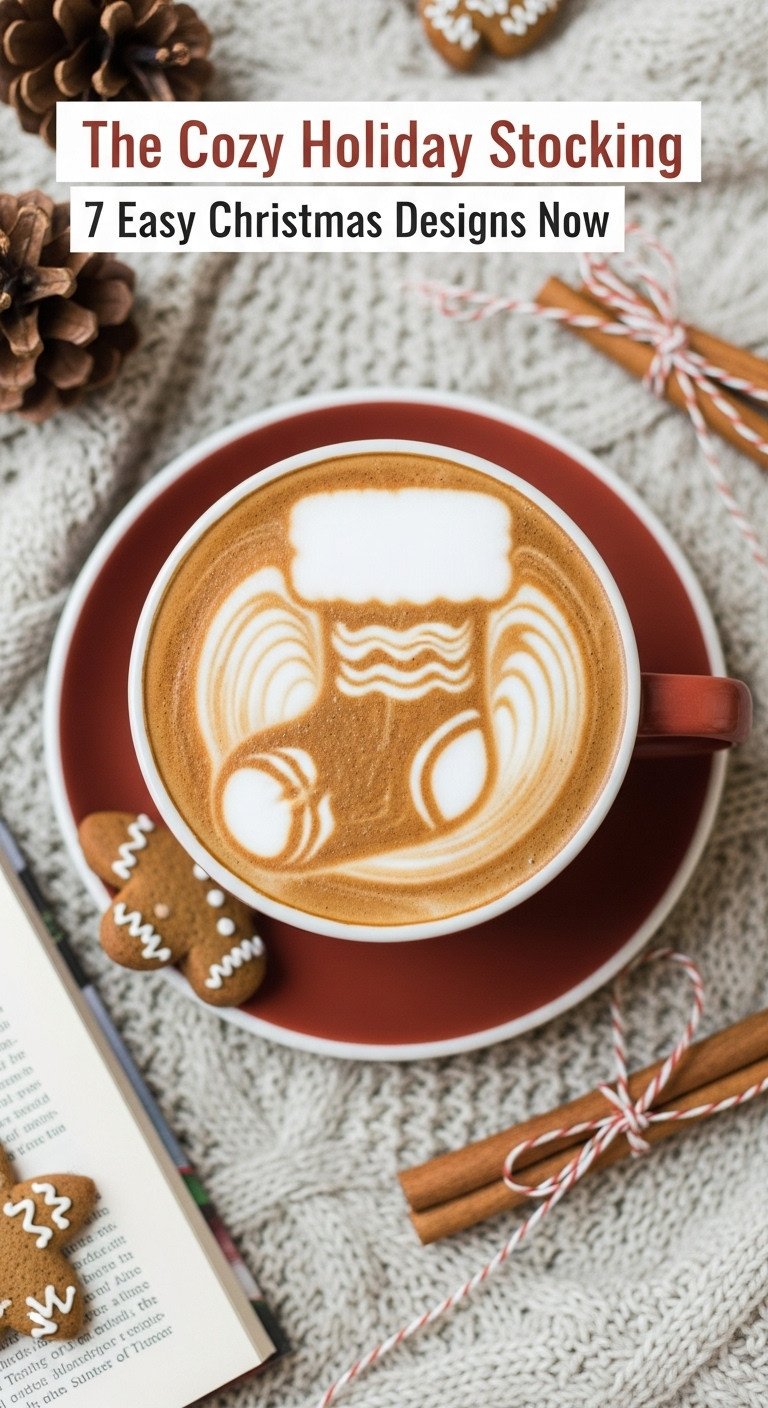 Cozy holiday stocking latte art in a festive mug on a knitted blanket with gingerbread. Warm and inviting coffee.