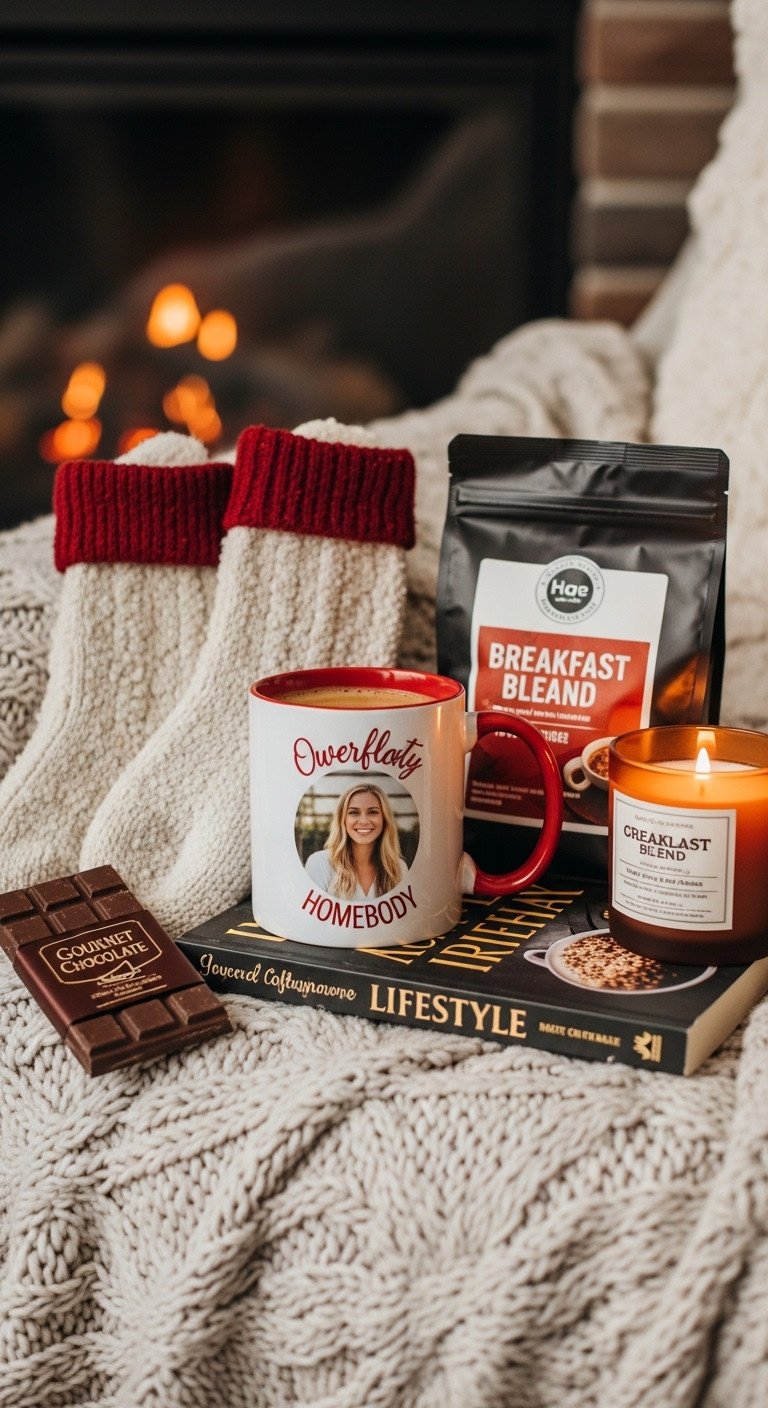 Cozy homebody coffee gift basket with personalized mug fuzzy socks and novel on a knit blanket