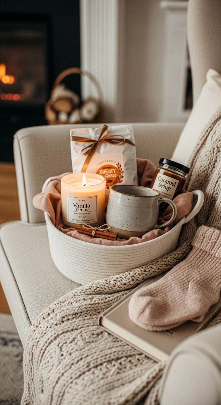 Cozy hygge coffee gift basket with pottery mug vanilla candle and caramel syrup in woven basket on plush armchair