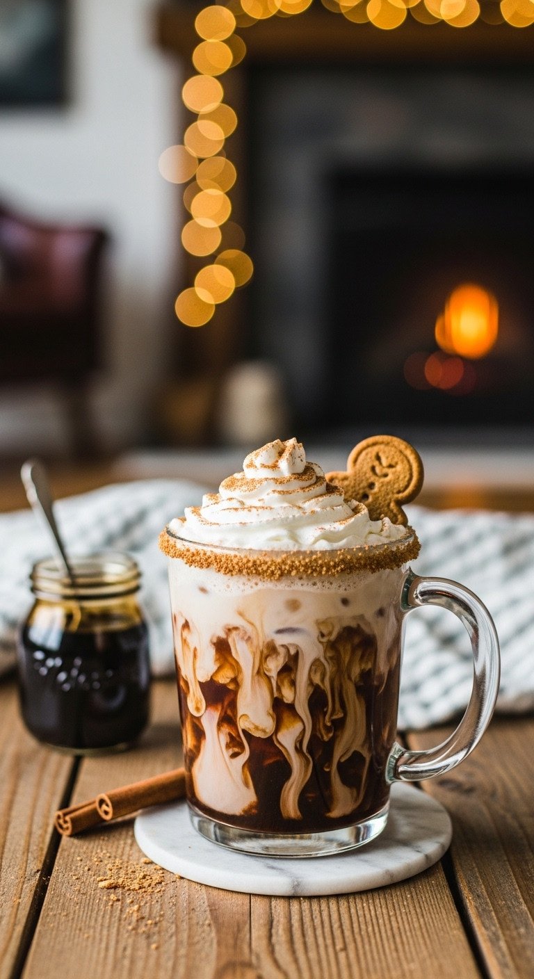 Cozy iced Gingerbread Spice Cold Brew Latte with whipped cream and gingersnap cookie on rustic wooden table by a fireplace