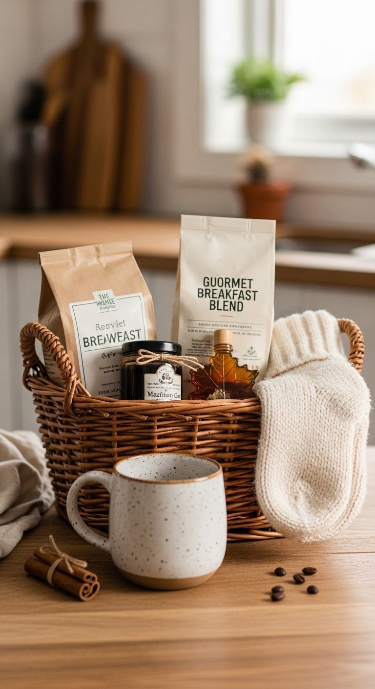 Cozy morning retreat coffee gift basket for women with speckled mug breakfast blend maple syrup and knitted sock on a rustic table