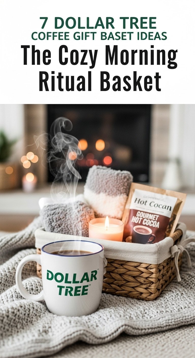 Cozy morning ritual Dollar Tree coffee gift basket with oversized mug fluffy socks candle and hot cocoa mix on a knitted blanket