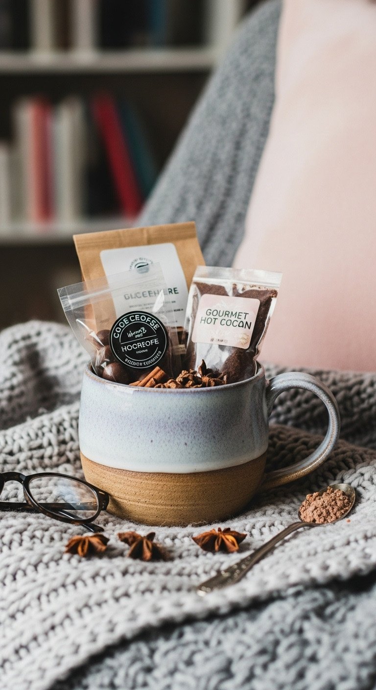 Cozy mug lovers gift basket with handmade ceramic mug coffee chocolate covered espresso beans and hot cocoa mix on knit blanket