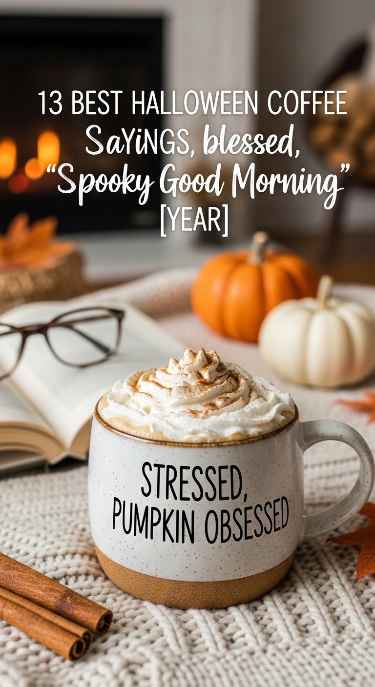 Cozy oversized ceramic mug with pumpkin spice latte and whipped cream on a chunky knit sweater near a fireplace with autumn decor