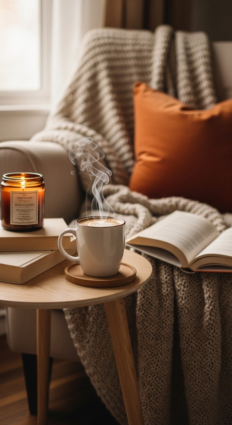 13 Cozy Pumpkin Coffee Aesthetic Ideas for Fall Vibes 5 Cozy reading nook with steaming coffee mug on side table plush armchair knit blanket open book and lit candle