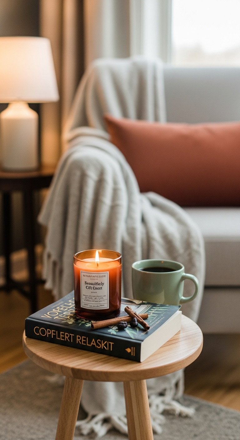 Cozy scene with throw blanket, coffee-scented candle, novel, and steaming coffee mug on wooden side table