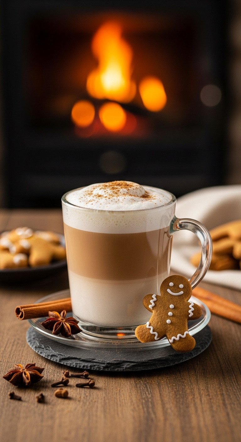 Cozy spiced gingerbread latte in a glass mug with frothed milk, cinnamon, and a gingerbread cookie on a slate coaster