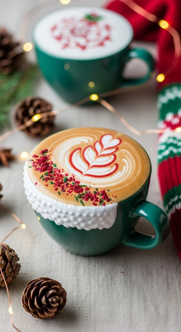 Cozy stocking latte art with pinecones and sweater sleeve on a linen tablecloth against a festive holiday background