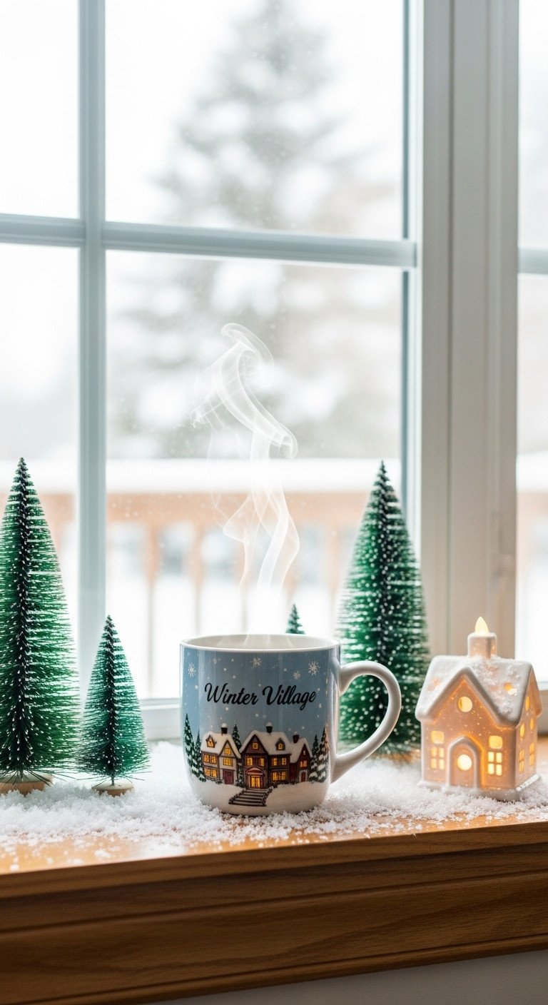 Cozy winter village window nook with a steaming coffee mug, faux snow, and mini trees. Festive morning scene.