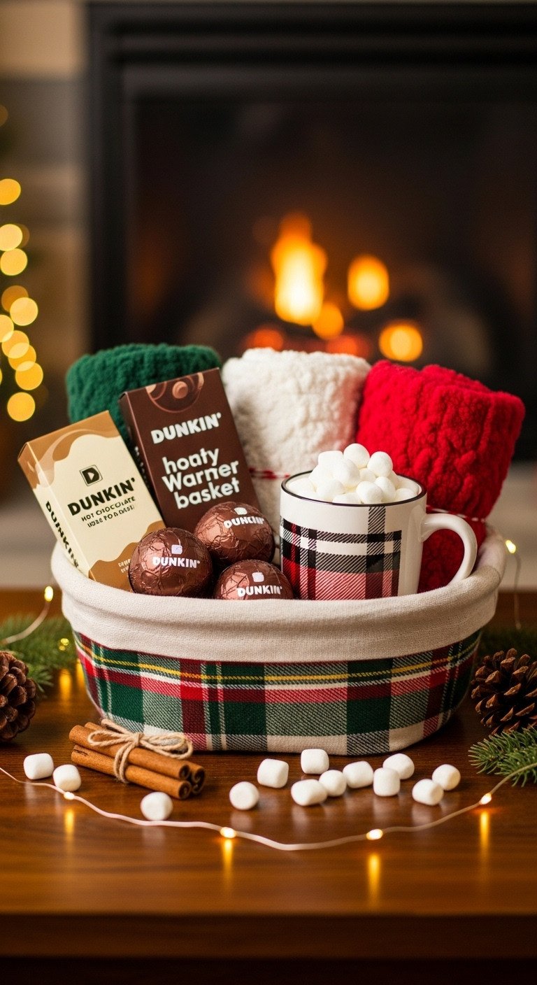 Cozy winter warmer Dunkin gift basket with hot chocolate bombs plaid mug plush blanket and fireplace background