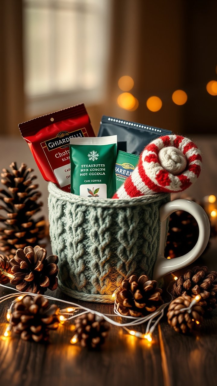9 Creative Coffee Mug Gift Basket Ideas Anyone Can Make 3 Cozy winter warmer coffee mug gift basket with holiday coffee hot cocoa and fuzzy socks amidst pinecones and fairy lights