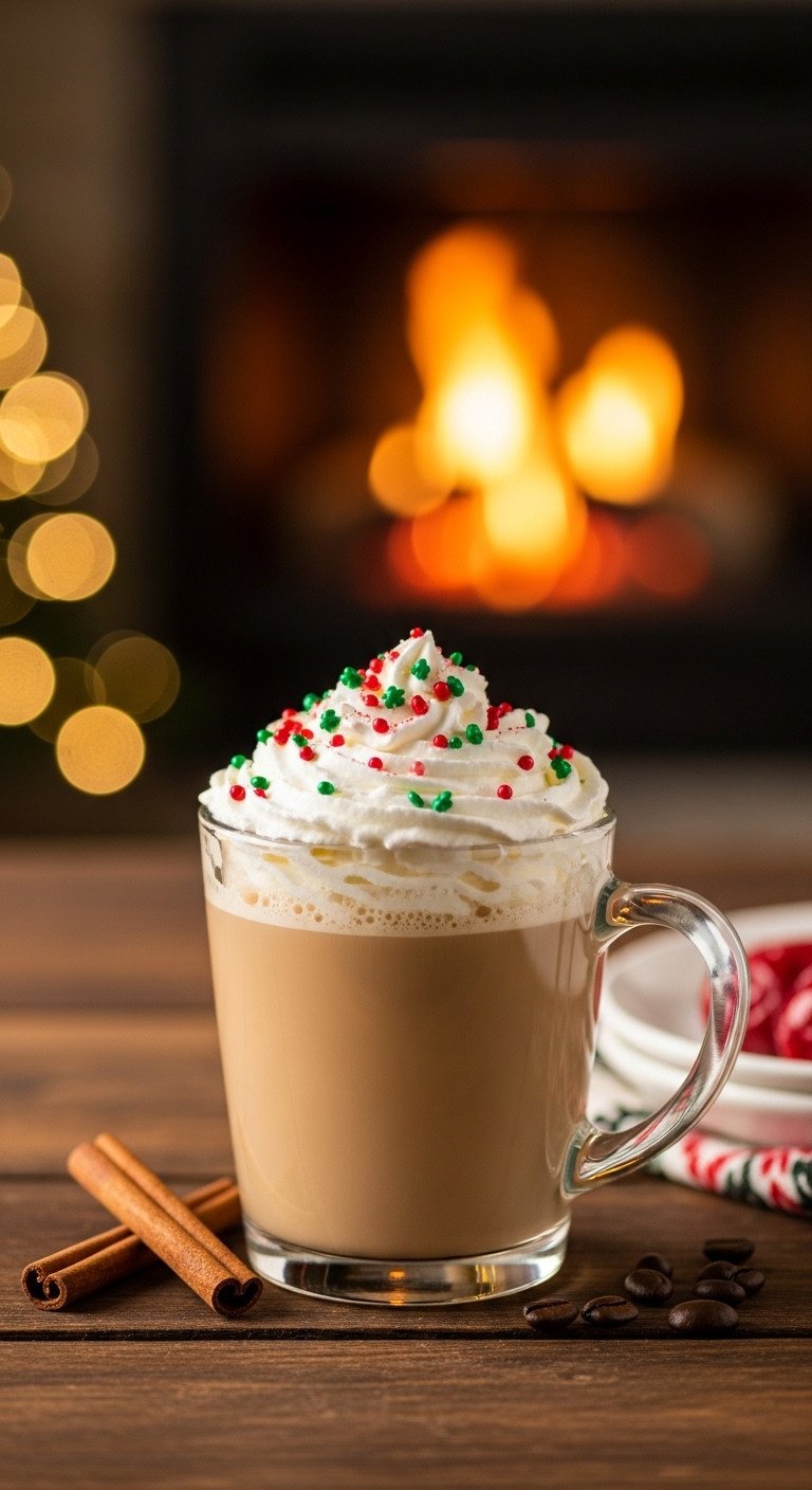 Creamy Baileys Christmas coffee cocktail in a glass mug with whipped cream and sprinkles on a rustic table by a fireplace
