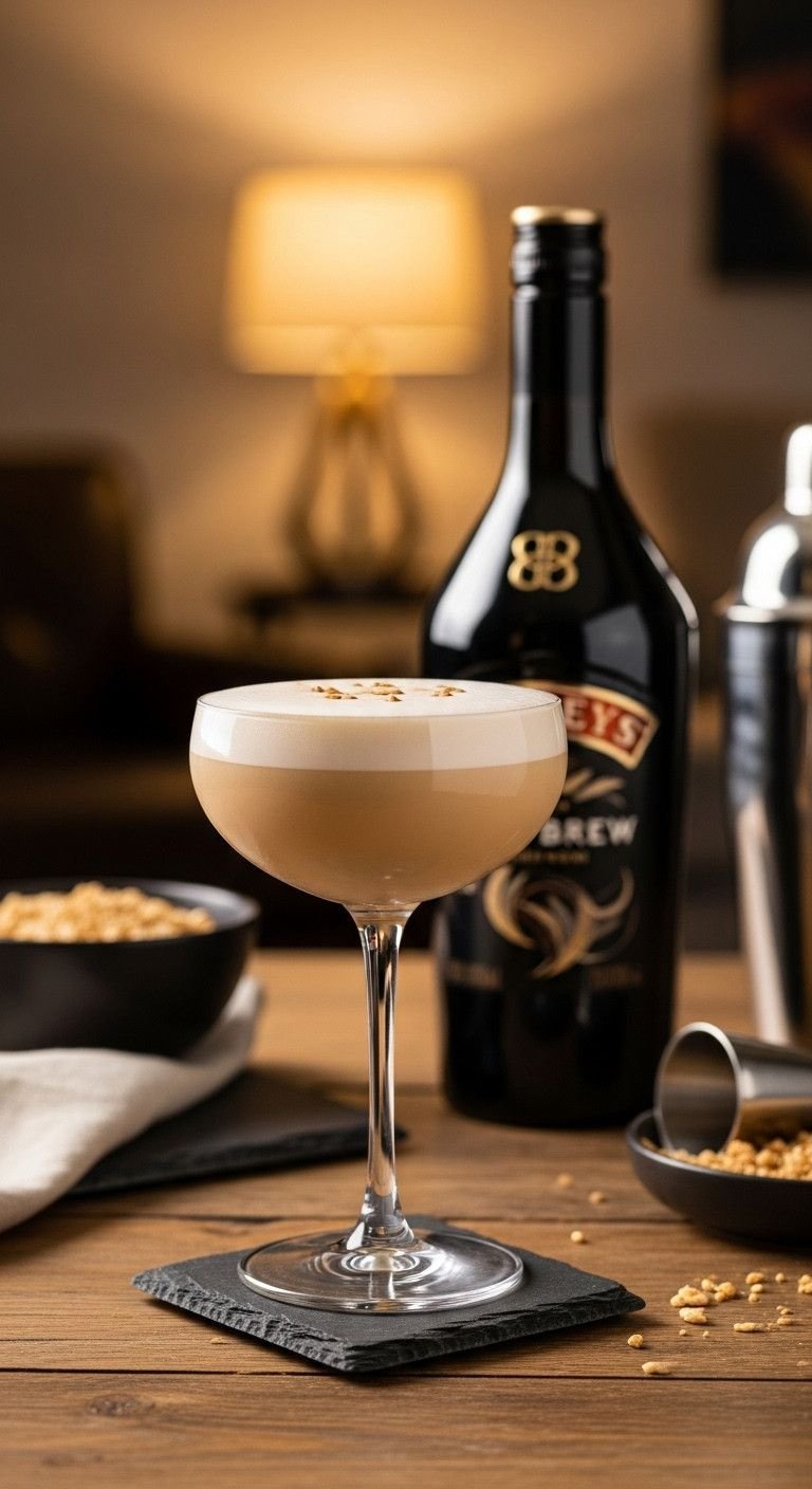 The Perfect Cold Brew Martini Without An Espresso Machine 1 Creamy Baileys cold brew martini, light-tan with thick foam, in a coupe glass on rustic wood. Cozy, inviting dessert cocktail.
