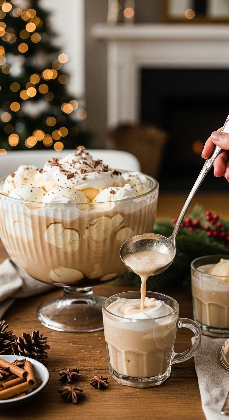 Creamy Christmas coffee punch being served with a ladle from a punch bowl into a cup