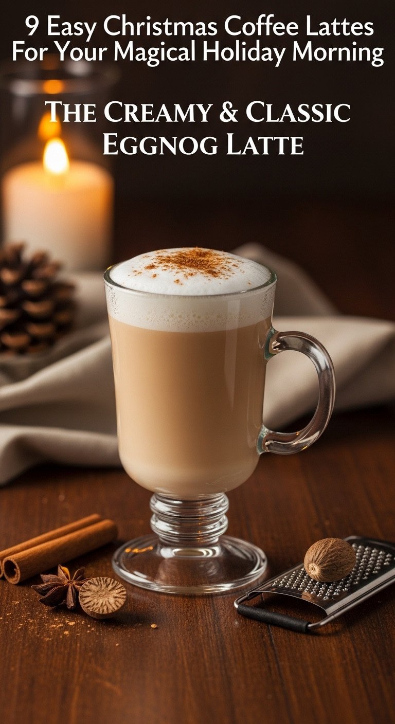 Creamy Classic Eggnog Latte in an Irish coffee mug with foam and nutmeg on a dark wood surface in a cozy living room