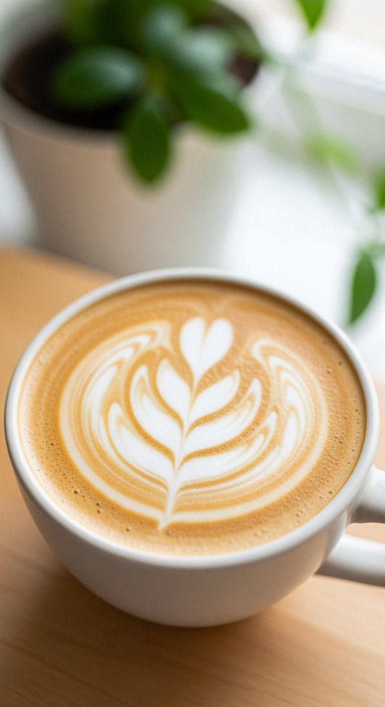 7 Cozy Hot Pumpkin Coffee Recipes Better Than Starbucks 9 Creamy Dairy Free Pumpkin Spice Latte with latte art in a ceramic mug on a light wood surface with a potted plant