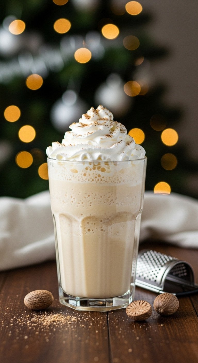 Creamy Eggnog Frappe with whipped cream and nutmeg in an elegant glass on dark wood by a blurred Christmas tree