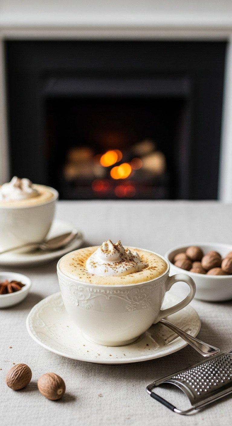 Creamy Eggnog Latte in a vintage teacup with whipped cream and nutmeg on a linen tablecloth with a blurred fireplace background