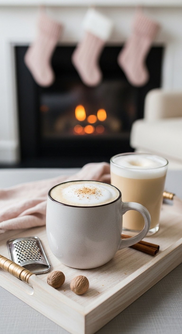 Creamy Eggnog Latte with foam and nutmeg in a festive mug on a light wooden tray by a blurred fireplace with stockings