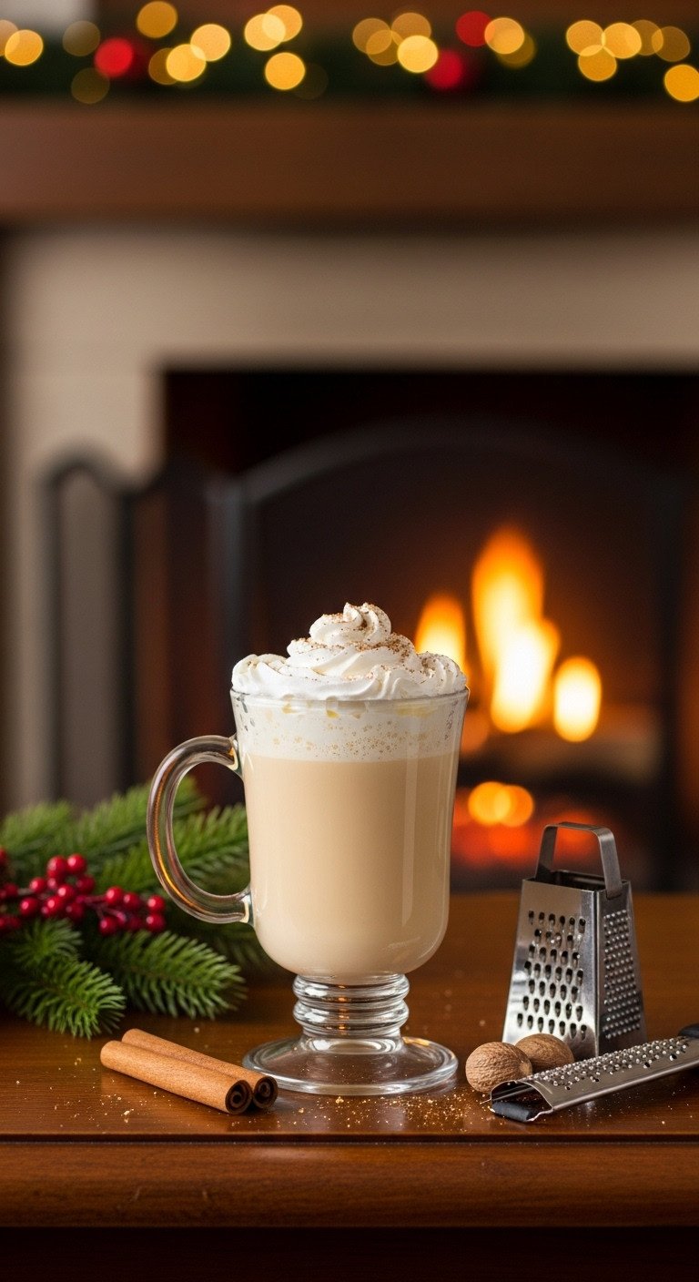 Creamy Eggnog Latte with whipped cream and nutmeg in a vintage glass on a wooden mantle with a blurred fireplace