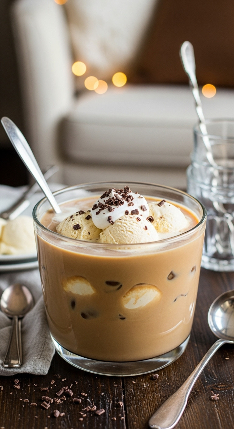 Creamy Kahlua coffee punch with vanilla ice cream chocolate shavings whipped cream and a ladle in an elegant glass bowl on a rustic wooden table
