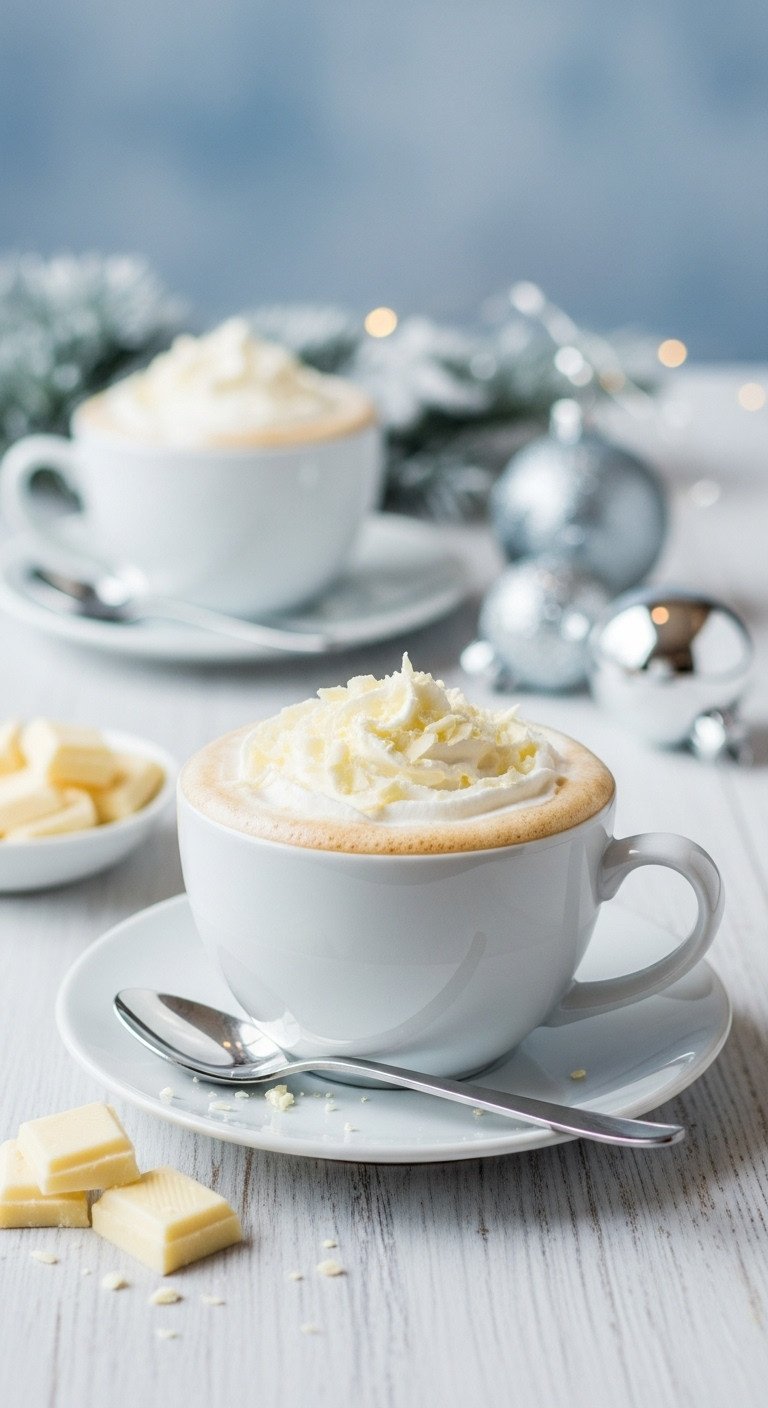 Creamy Toasted White Mocha in a white ceramic mug with whipped cream and white chocolate shavings on a wooden surface with silver ornaments