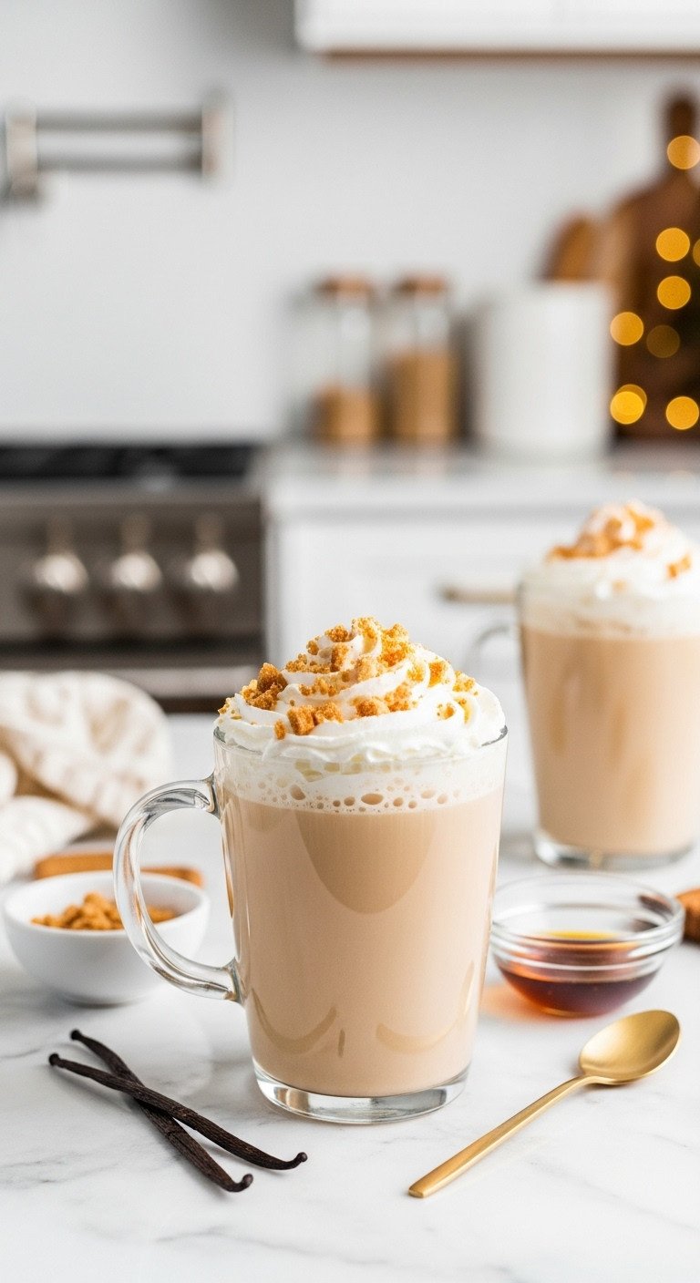 Creamy Vanilla Gingerbread Latte with whipped cream and crushed caramel on a white marble countertop with a blurred festive kitchen