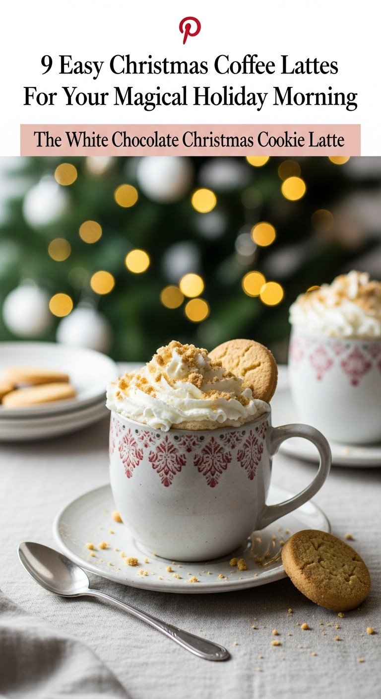 Creamy White Chocolate Christmas Cookie Latte with whipped cream and crumbled shortbread in a festive mug by a twinkling Christmas tree