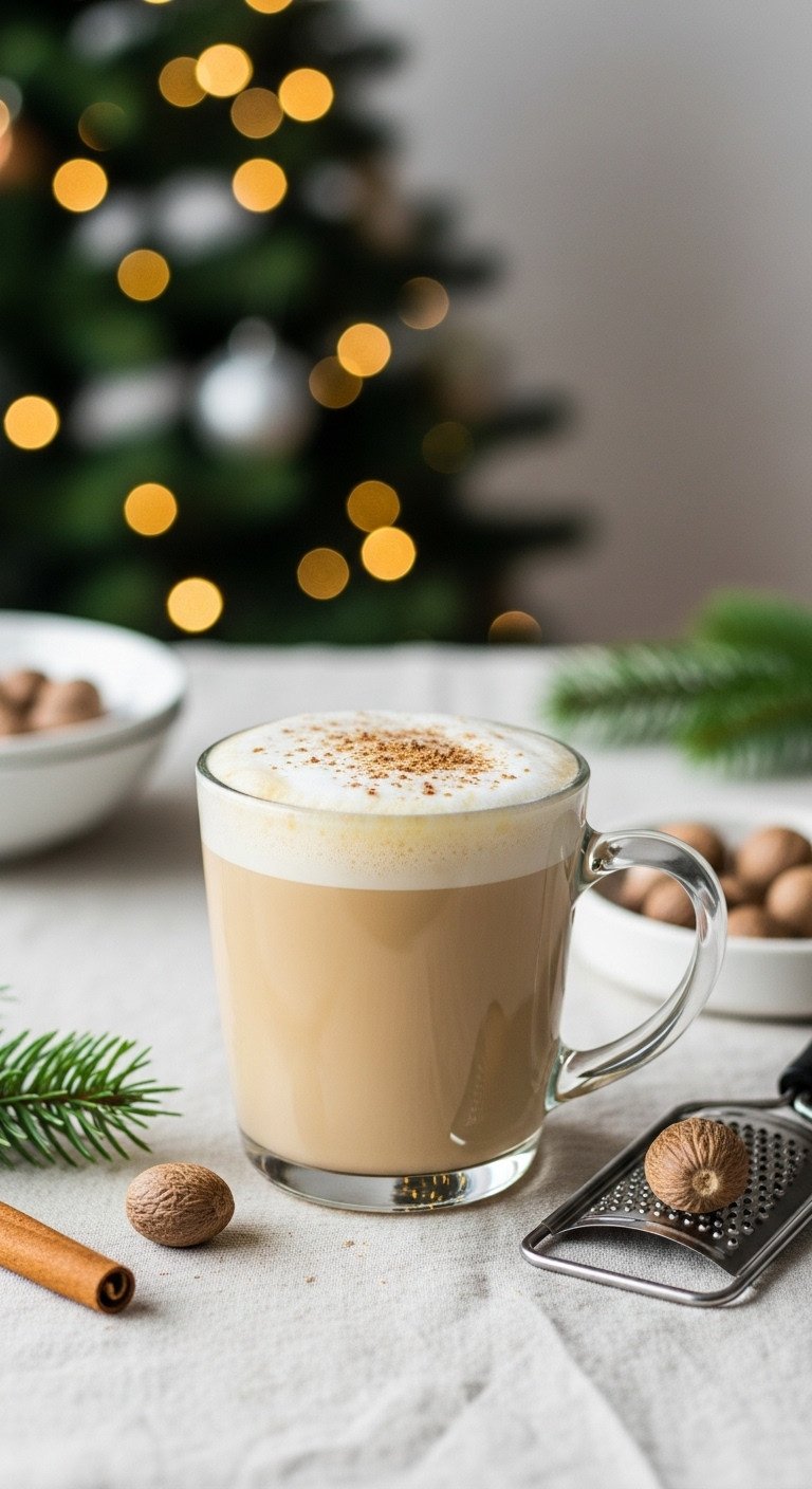 Creamy boozy eggnog latte in a festive ceramic mug with frothed eggnog and nutmeg by a blurred Christmas tree