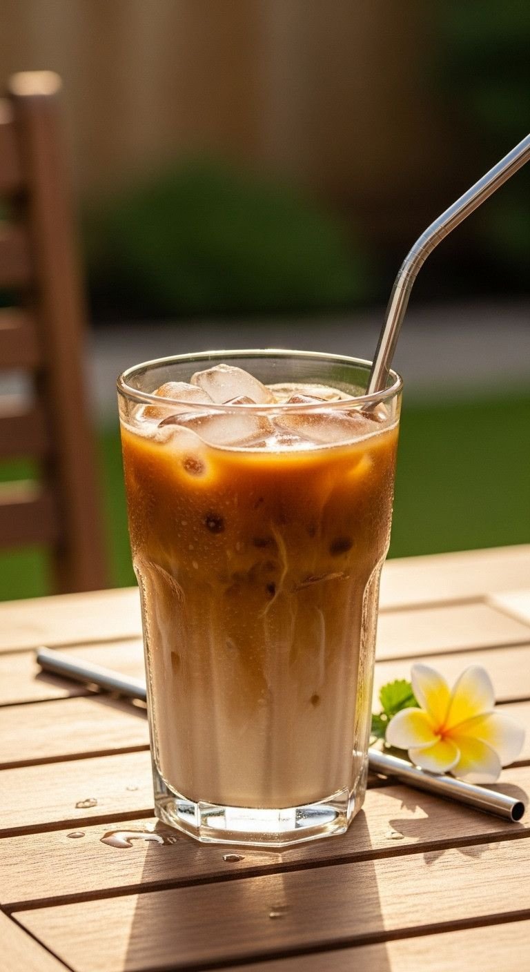 How To Make Perfect Vietnamese Iced Coffee The Authentic Way 13 Creamy brown Vietnamese iced coffee with ice, condensation, and a metal straw in a tall glass on a wooden patio table.