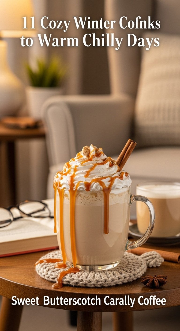 Creamy butterscotch caramel coffee with whipped cream and sauces on a knit coaster by an armchair