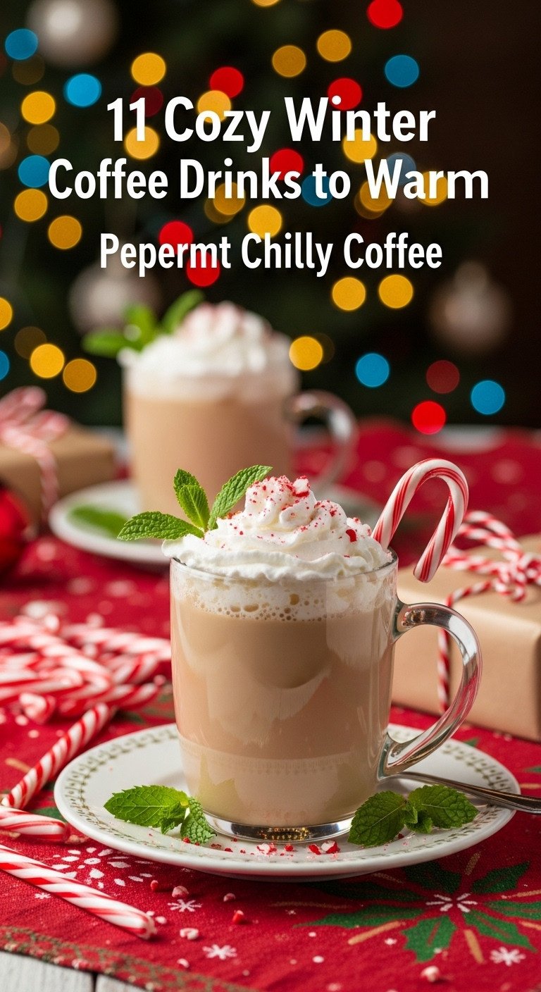 Creamy candy cane peppermint toddy coffee with whipped cream, mint, and a candy cane stirrer