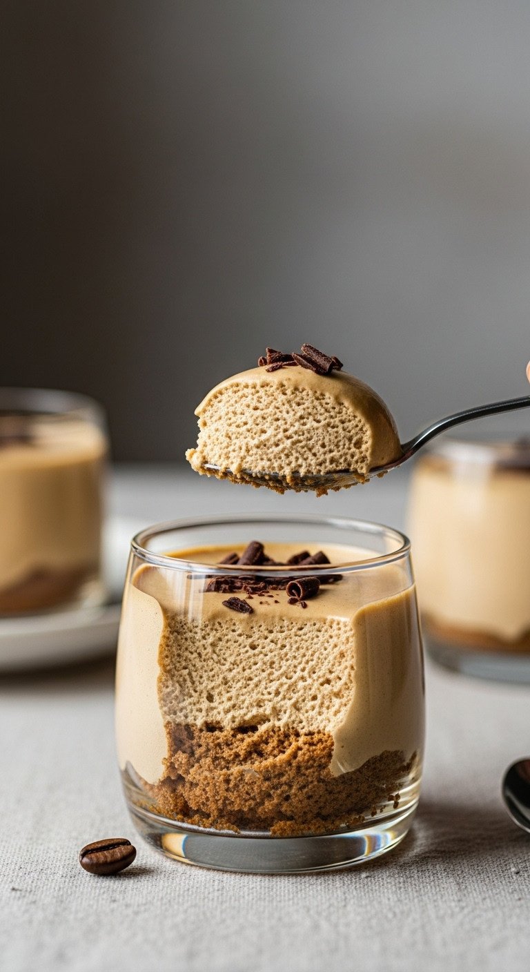 11 Effortless Cold Coffee Dessert Recipes To Make Today 5 Creamy coffee mousse in elegant glass, scoop shows velvety texture, pale coffee color, chocolate shavings, coffee bean, soft window light.