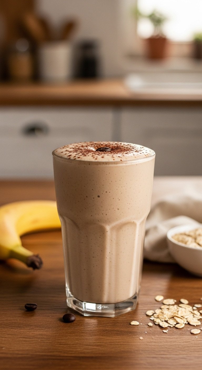 11 Brilliant Recipes For Leftover Coffee You Havent Tried 3 Creamy coffee smoothie in a frosted glass, topped with cocoa powder and a coffee bean, on a rustic wood table.