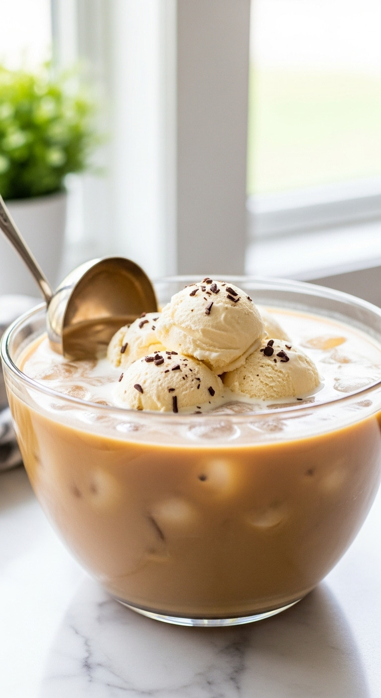 Creamy cold brew coffee punch with vanilla ice cream and chocolate shavings in a glass bowl with a ladle on a marble counter