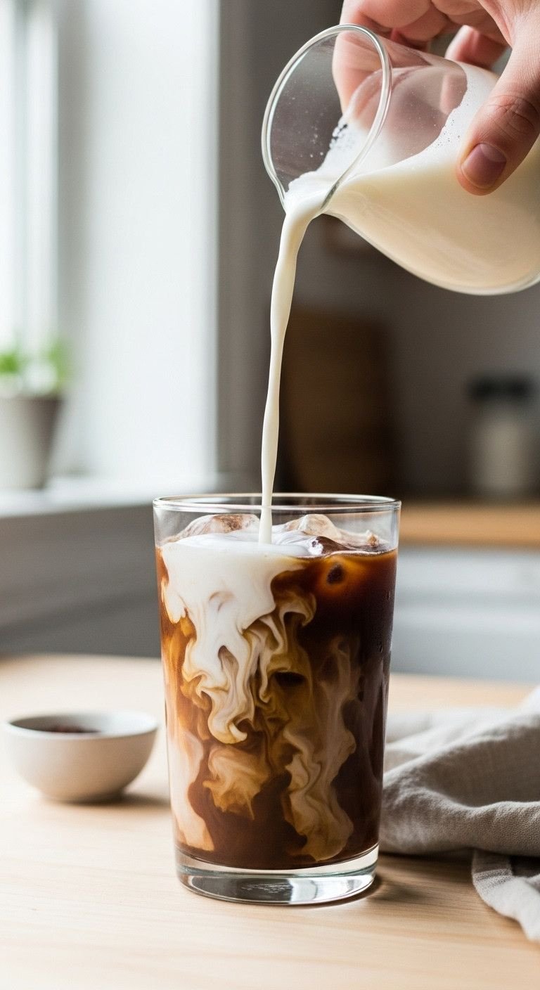 A Simple Method For The Perfect Iced Mocha Every Time 9 Creamy cold milk pours into iced mocha, creating beautiful white swirls in a glass. Making a refreshing coffee drink.