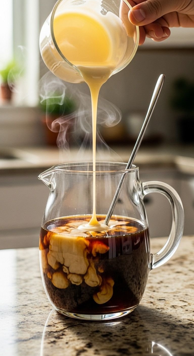 The Foolproof Recipe For Cold Coffee With Condensed Milk 5 Creamy condensed milk swirls into hot dark coffee in a glass pitcher, stirred on a granite counter with steam rising.