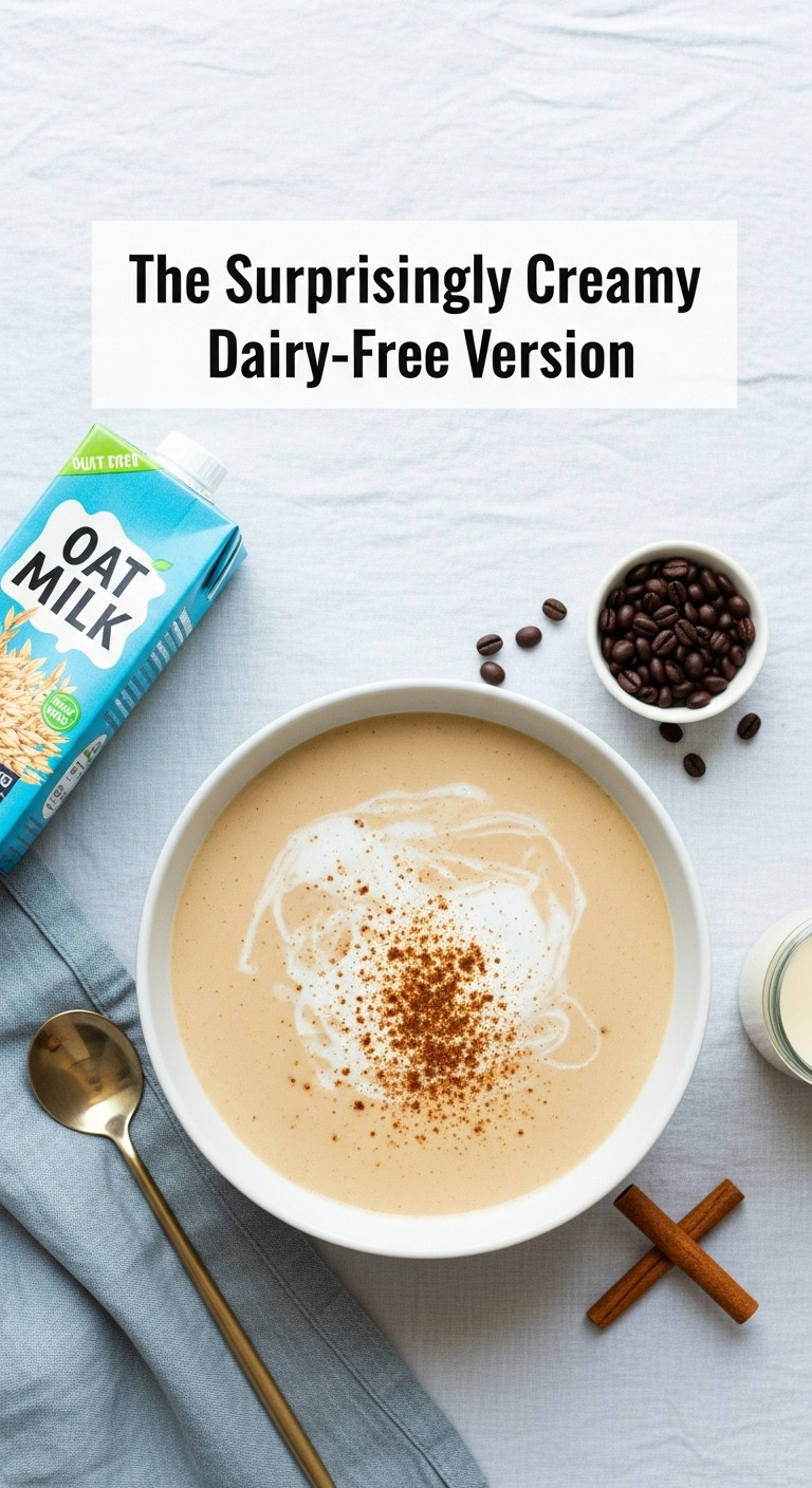 Creamy dairy free coffee punch made with oat milk in a punch bowl with oat milk coffee beans and a cinnamon stick