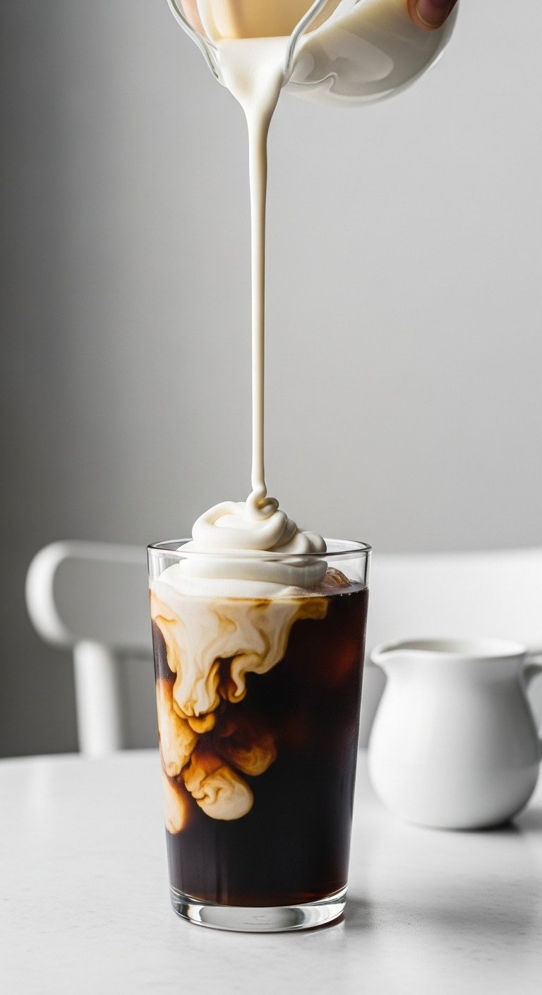 The Secret To Creamy Iced Coffee With Almond Milk That's Not Watery 7 Creamy dairy-free vanilla sweet cream pouring into dark iced coffee, creating beautiful swirls. Cafe-quality coffee recipe.