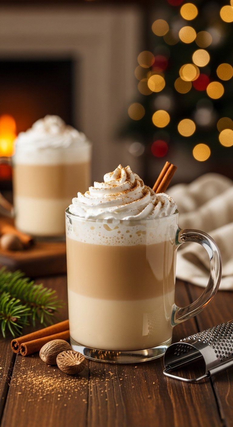 Creamy decadent eggnog latte in a clear glass mug with whipped cream and nutmeg on a dark wood surface by a blurred fireplace and Christmas tree