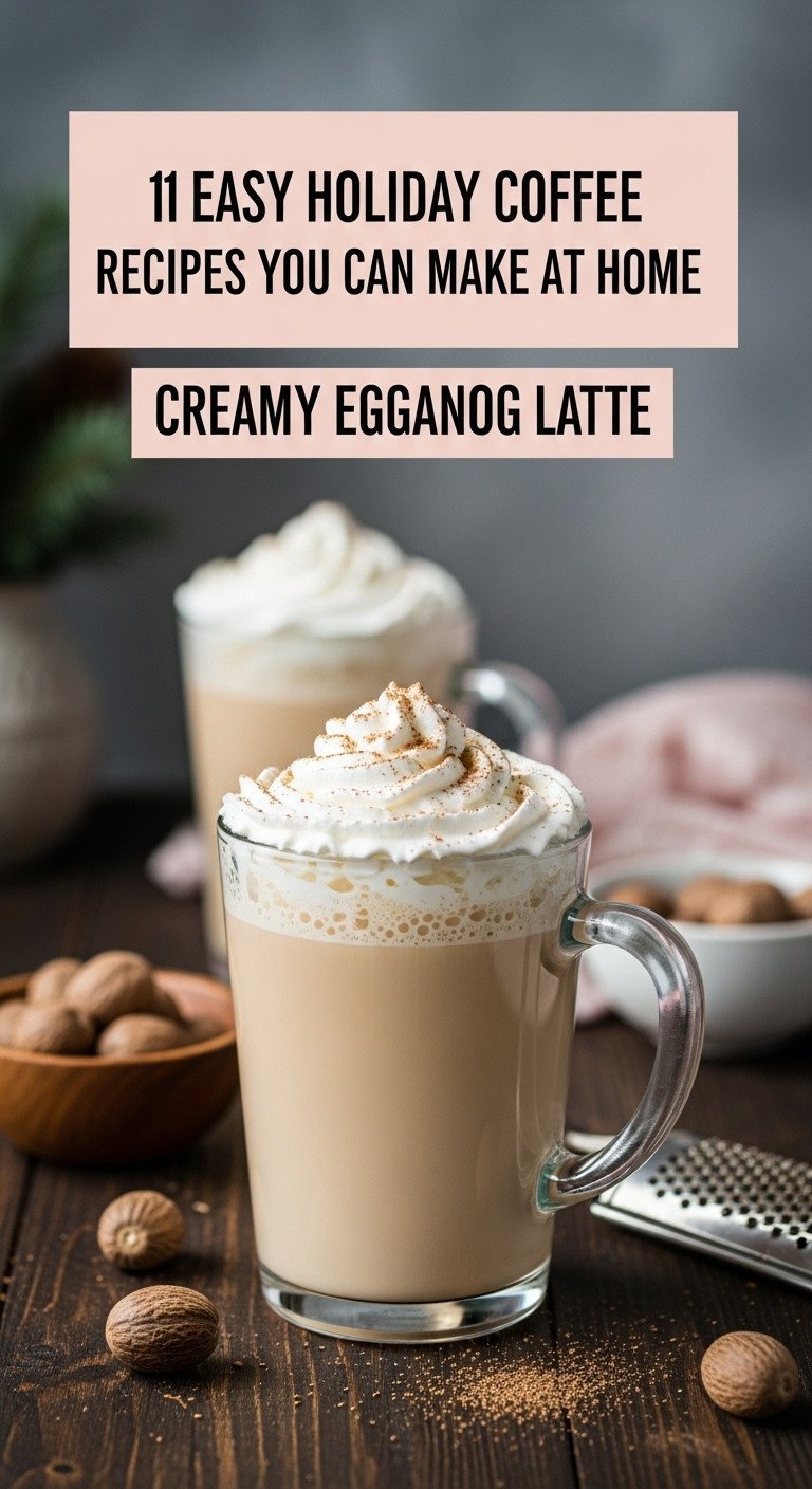 Creamy dreamy eggnog latte in a vintage glass mug with whipped cream and nutmeg on a dark wooden surface