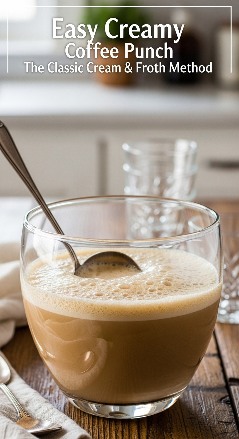 Creamy frothy coffee punch in a glass bowl with a ladle and cups on a rustic wooden table in a blurred kitchen background