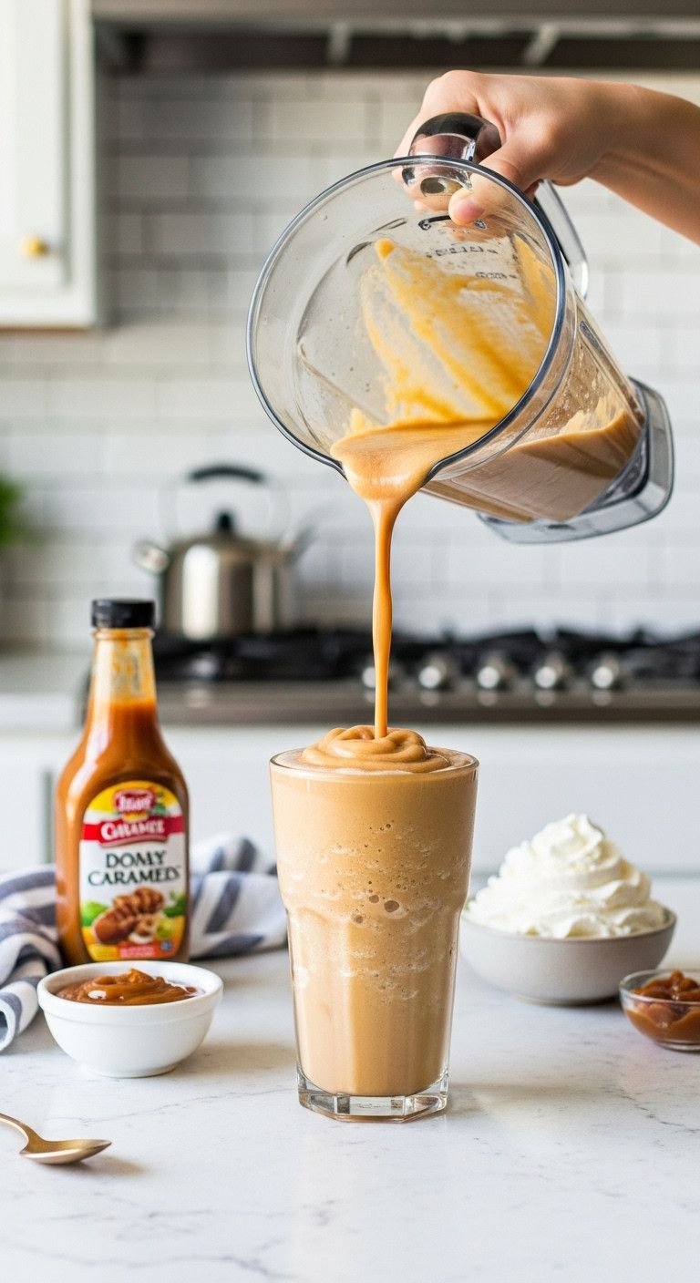 The Perfect Caramel Iced Coffee Recipe To Make At Home 9 Creamy frozen caramel coffee pouring from blender into tall glass. Decadent Frappuccino-style drink, refreshing summer recipe.