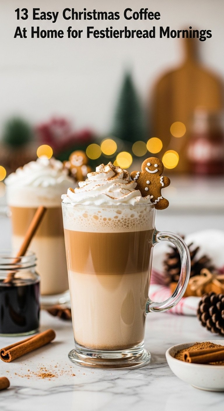 Creamy gingerbread latte in a tall glass mug with frothed milk, whipped cream, and a gingerbread cookie