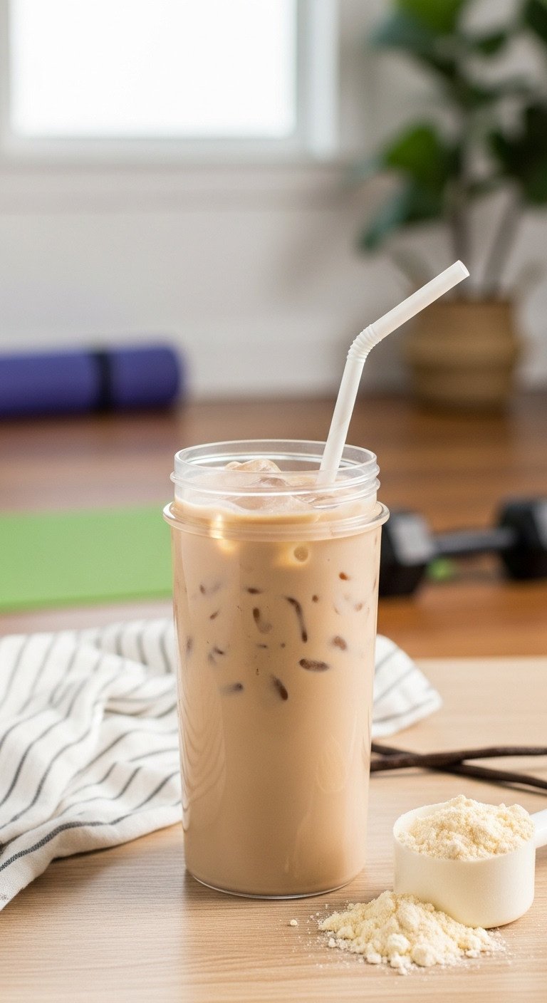 9 Delicious Healthy Iced Coffee Recipes To Make At Home 3 Creamy high-protein iced coffee (proffee) in shaker, vanilla powder, wood surface, blurred home gym. Healthy fitness recipe.