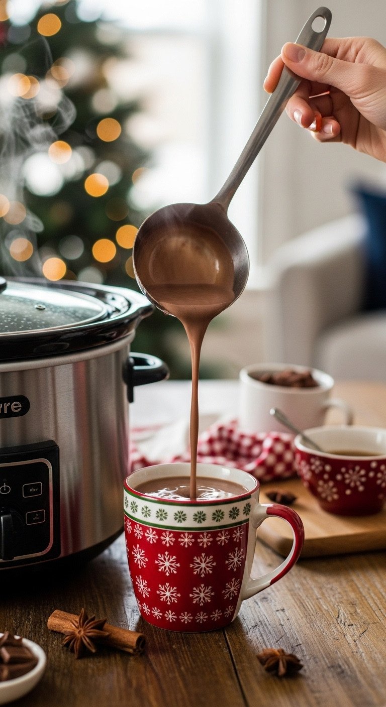 Creamy hot chocolate being ladled from a black slow cooker into a festive mug with steam rising and spices on a rustic wooden table