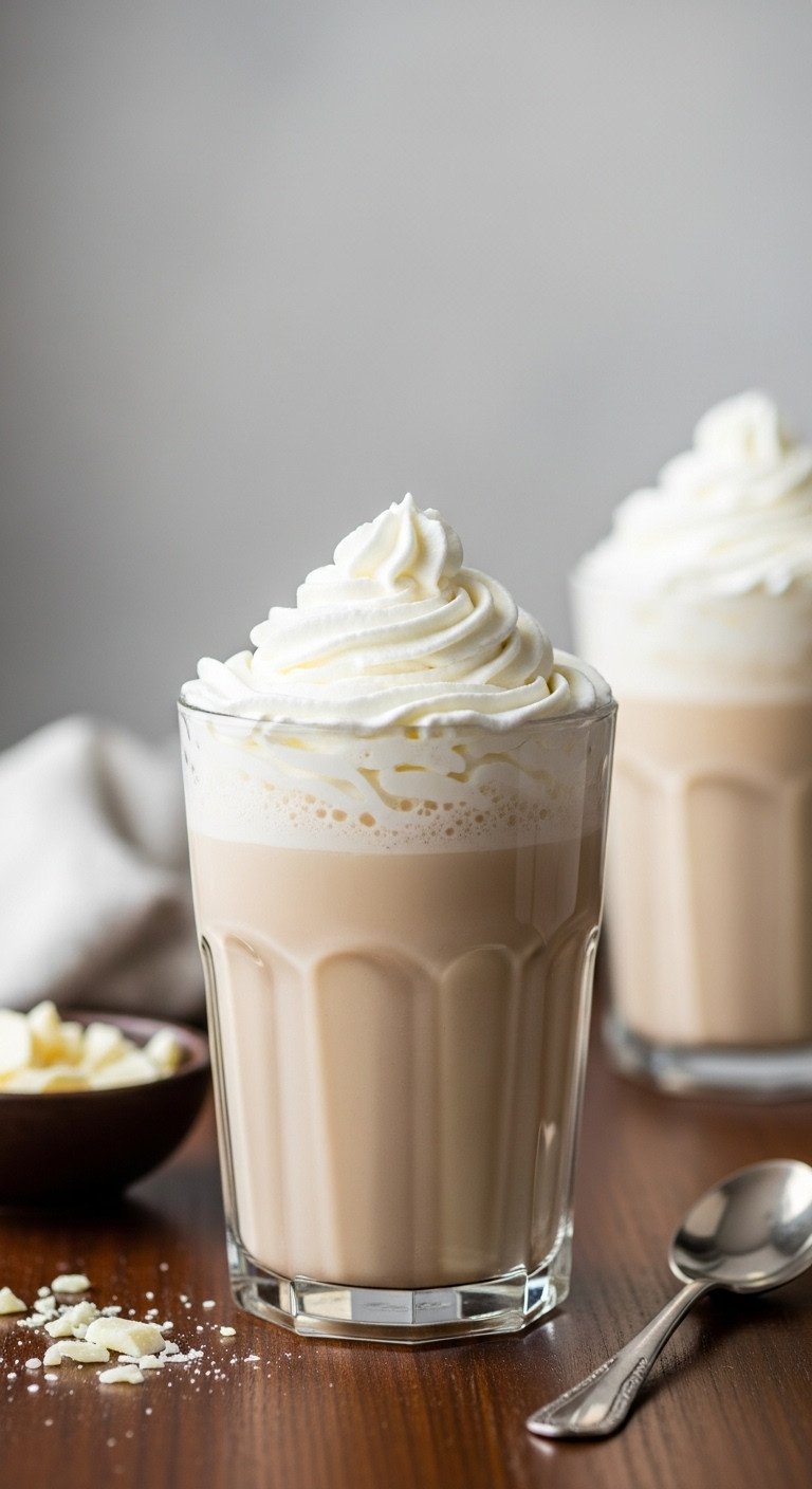 Easy Starbucks Cold Coffee Recipes That Are Never Watery 9 Creamy iced white chocolate mocha with whipped cream in a cafe glass on dark wood, beside chocolate shavings and a silver spoon. Recipe.
